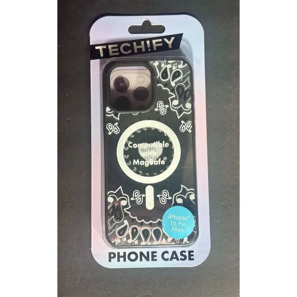 Tech!fy iPhone 16 Pro Max Case Black Paisley Bandana MagSafe Compatible New